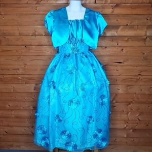 ❤️New 2 pc. Set little blue dress w/vest flowers embroidered sequins size 12girl